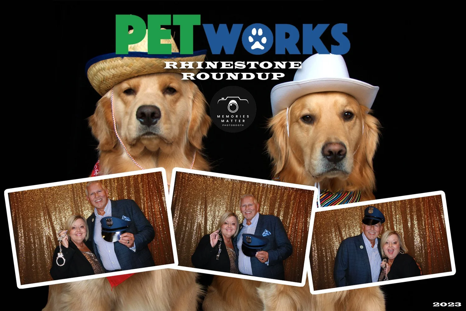 Two golden retrievers in cowboy hats at the PetWorks Rhinestone Roundup photobooth