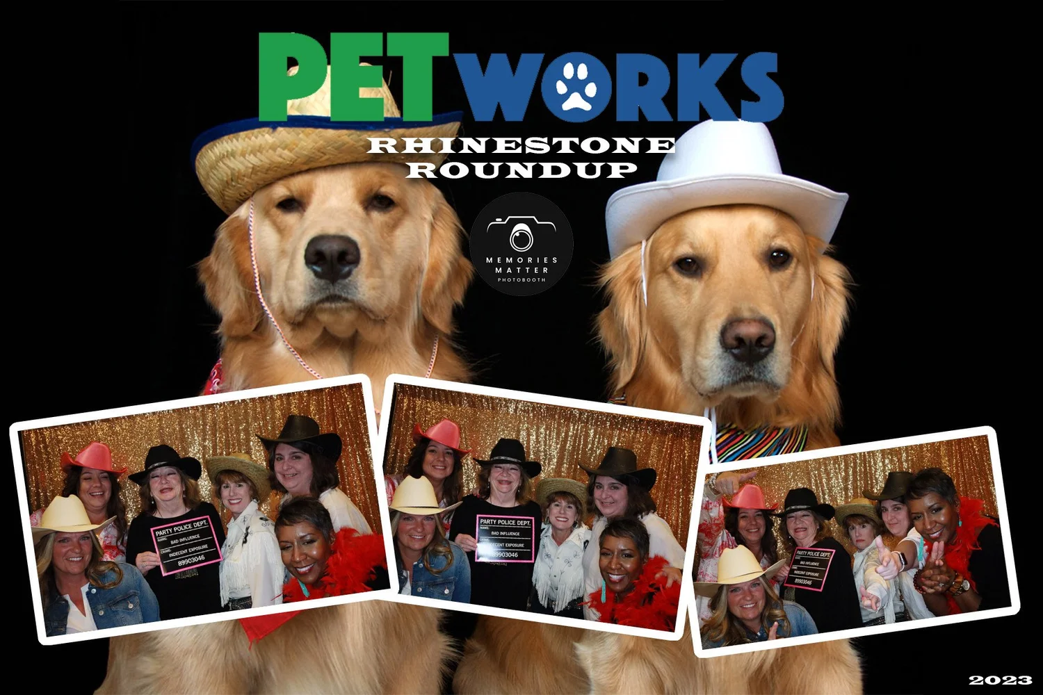 Friends in cowgirl hats with fun props at the Rhinestone Roundup